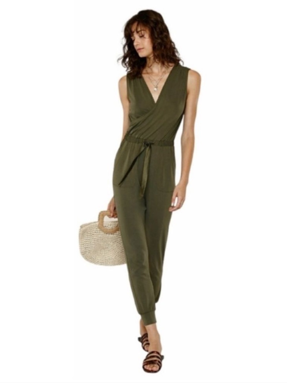 Heartloom Olive Sleeveless Wrap Jumpsuit with Tie Waist